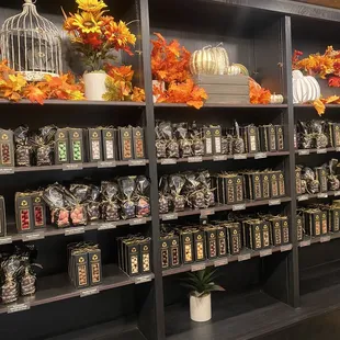 a shelf full of chocolates