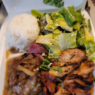 Lunch take-out fr @Diamond Head Market &amp; Grill. I ordered their Mix Plate, Hamburger Steak, Charsiu &amp; BBQ Chicken! Beyond Full! Haha!