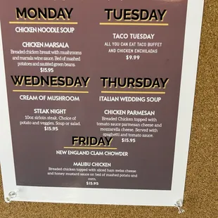 The daily specials during the week
