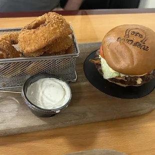 Secretariat burger with onion rings