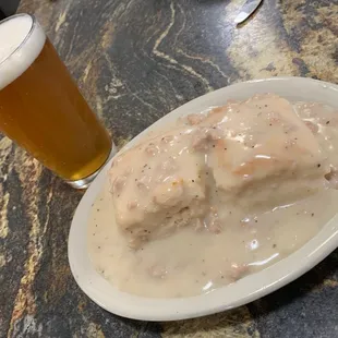 A cold IPA from The North Fork Brewery goes great with our Biscuits &amp; Gravy