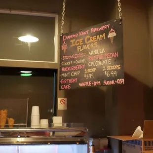 Ice cream menu - changes but always with great flavors! Also carry hot tea and coffee for chilly days.