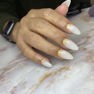 Milky white almond full set with gold flakes