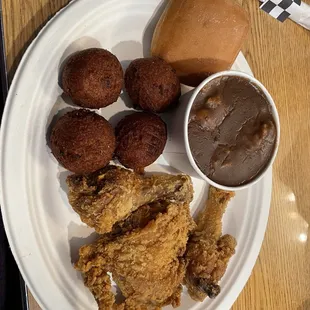 Golden Fried Chicken with mashed potatoes and gravy, Hush Puppies and dinner roll