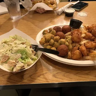 Caesar Salad, Fried Okra, Jumbo Calabash Shrimp, Classic Fried Pickles, French Fries, Hush Puppies
