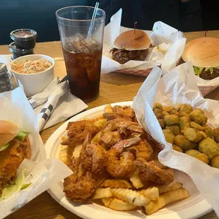 Dixie Chicken Sandwich, fried Jumbo Calabash Shrimp, chili burger