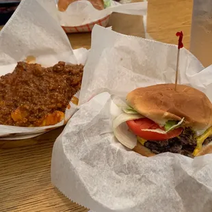 Small block burger. Chili Cheese fries.