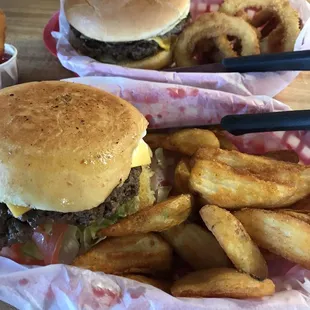 Angus burger with wedge fries  Double meat cheeseburger with onion rings