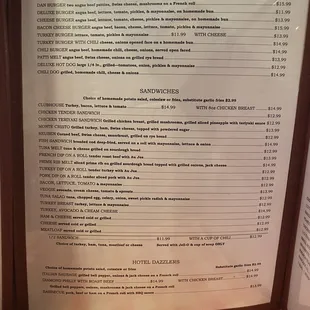 Menu - burgers, sandwiches, hotel dazzlers