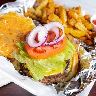cheeseburger and fries