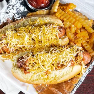 a hot dog and french fries