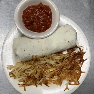 Breakfast burrito, with hash browns.