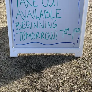 Take out available 7:00-1:00 (Tues.-Fri.) 7:00-10:30 (Sat.)