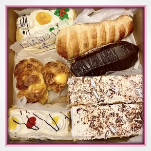 Mango tres leches, Cream horn, Chocolate eclair, St. Honore rum cream puffs, Pineapple tres leches, Napoleon x 2