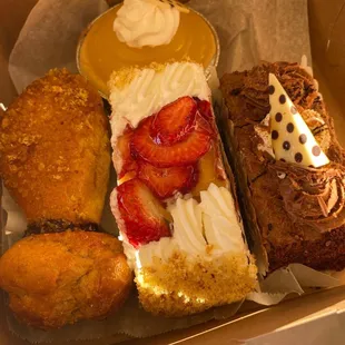 Yummy. Phallic/mushroom rum cake, strawberry slice, chocolate tres leches, and lemon tart. All were good!