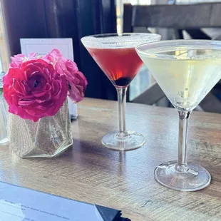 Bulleit Rye Manhattan &amp; French Pear Martini. Both generous and delicious cocktails.