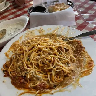 Spaghetti with meat sauce &amp; Alfredo on the side mixed in.