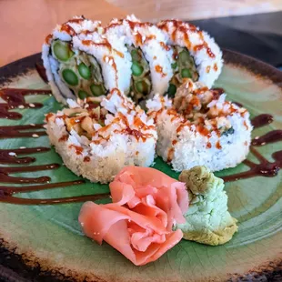 Asparagus tempura sushi with ginger and wasabi