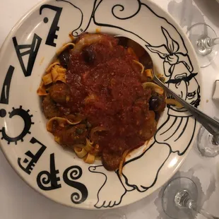 fresh pasta with marinara, kalamata olives, anchovy (added sausage and capers)