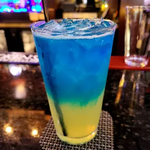 I believe this was called a &quot;Blue MF&apos;er&quot;.  Not in the menu, I just asked for the blue drink.  Was tasty!