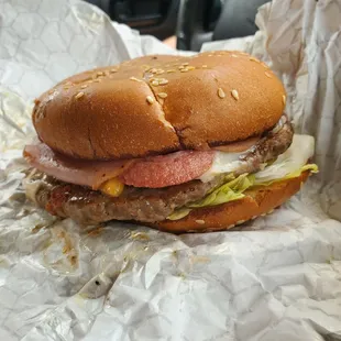 Hamburger with ham and hot dog on it?