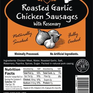 product label for roasted garlic chicken sausages