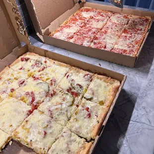 White Pizza on the left. Regular pepperoni and cheese on the right. Both are very good!!