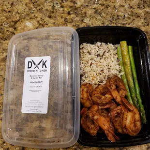 Blackened Shrimp with rice and asparagus