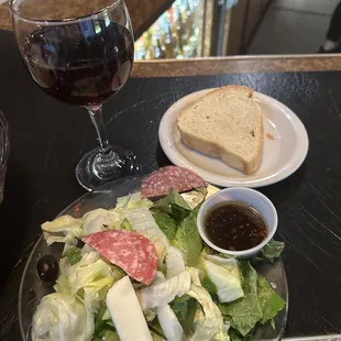 My delicious salad with bread &amp; wine to start!