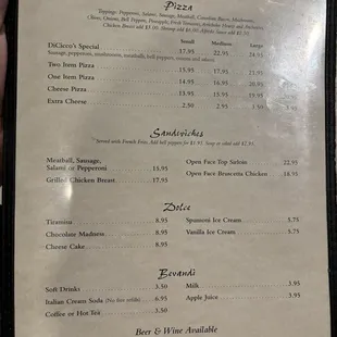 Menu: Pizza, Sandwiches, Desserts &amp; Beverages