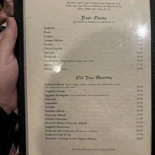 Menu: Basic Pastas, Old Time Favorites