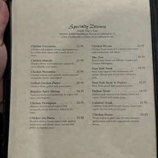 Menu: Specialty Dinners con't