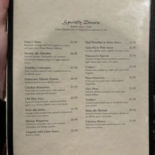 Menu: Specialty Dinners