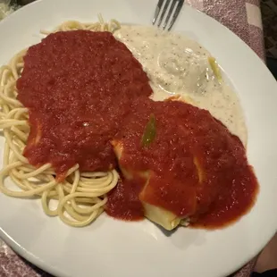 Trio but fettuccine sauce on raviolis..