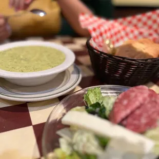 Salad with house Italian Dressing , Cream of Zucchini Soup