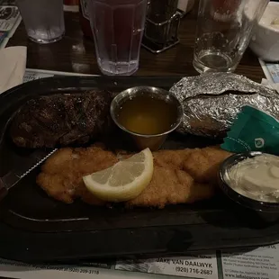 Combination of Deep fried haddock and tenderloin