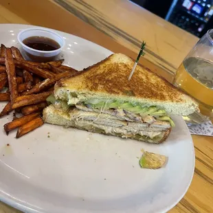 Texas Toast (turkey) sweet potato fries, sweet chili sauce, pear cider. Fried pickles got eaten!