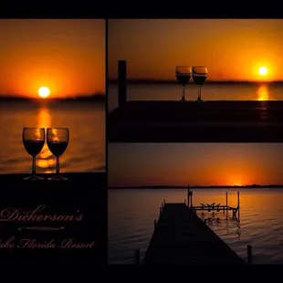 Sunset on the dock. The lake and opposite shoreline line are captured in the wine glasses as a reflection off of the wine.