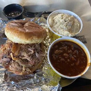 Pulled Pork Sandwich w/ Baked Potato Casserole &amp; Brisket Chili