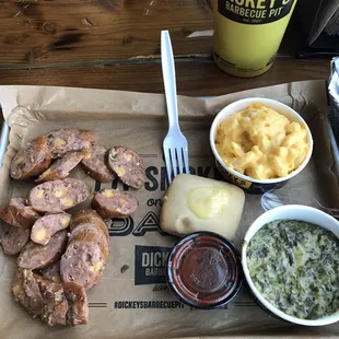 Jalapeño cheddar sausage, macaroni &amp; cheese and cream spinach
