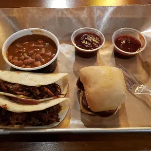 Brisket and cheese taco, jalapeno cheddar slider and jalapeno beans