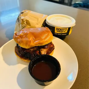 a burger and dipping sauce