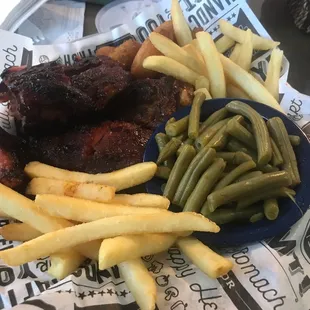 Rib Tips with seasoned green beans, fries and hush puppies!