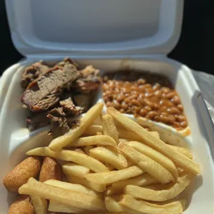 Brisket, Beans, Hushpuppies, Fries