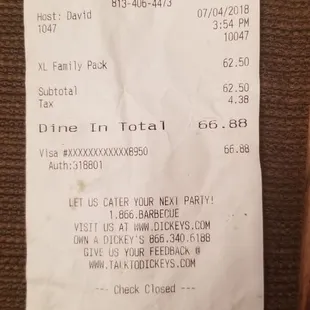 a receipt from the restaurant