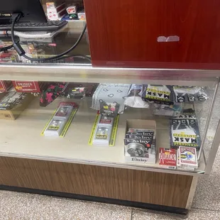 a display case with various items