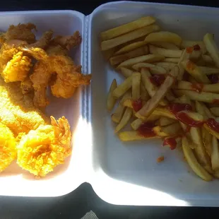 Fish, shrimp and fries with a salad