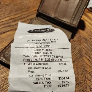 a receipt with a price tag
