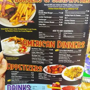 Burgers, appetizers, and dinner menu