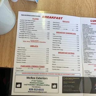 Breakfast menu